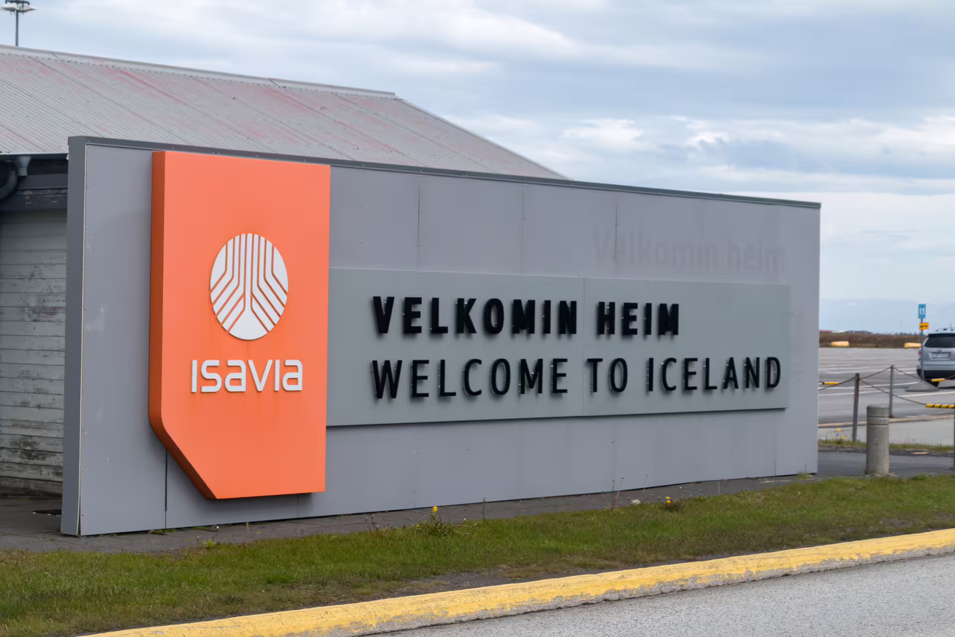 Isavia Welcome to Iceland sign at Keflavik Airport entrance in Iceland