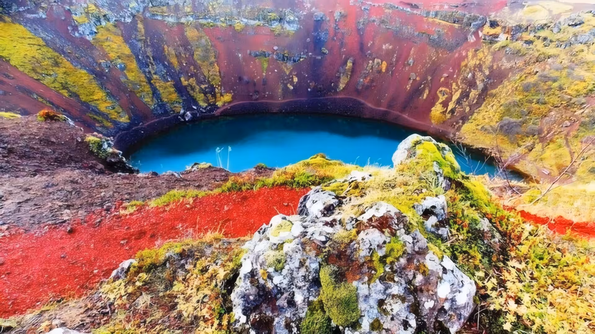 Kerið volcanic crater lake with vivid turquoise water, red volcanic soil, and mossy rocks on Iceland's Golden Circle