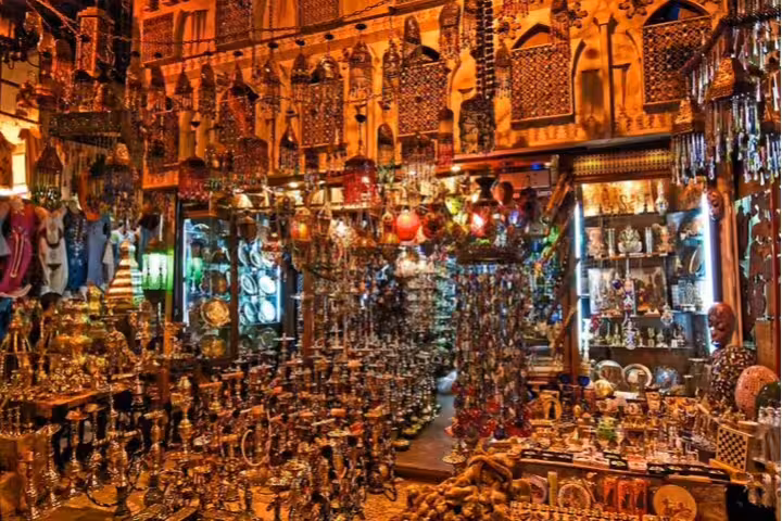 Khan El Khalili bazaar lanterns and souvenirs shopping stop on Cairo tour from Alexandria port with return transfer