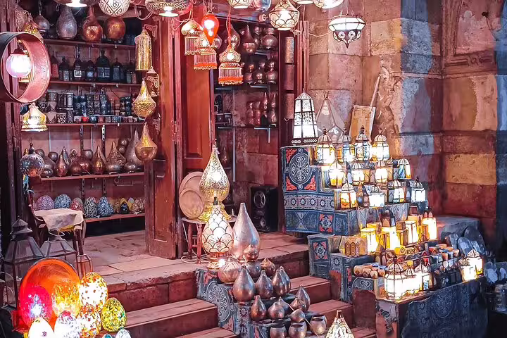 Khan el-Khalili bazaar lantern shop in Cairo, vibrant stop on Aswan to Cairo day tour by flight in Egypt