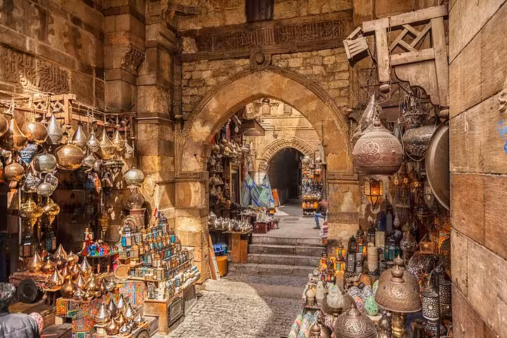 Lantern-filled alley in Khan El Khalili Bazaar, Cairo, on top tours including Pyramids and Egyptian Museum