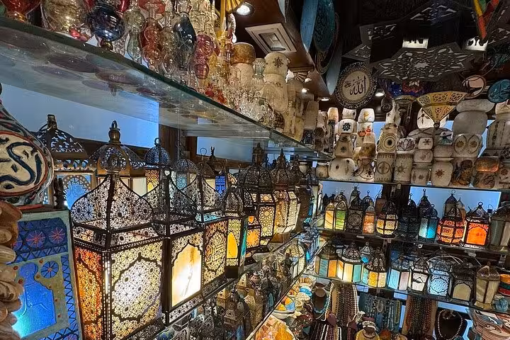 Colorful Khan El Khalili bazaar lantern shop in Cairo, Egypt, included in 3-day private Giza tour