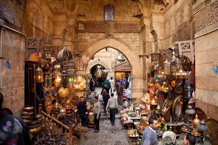 Khan El Khalili bazaar Cairo with lantern shops and historic archway on 3-day private Egypt city tour