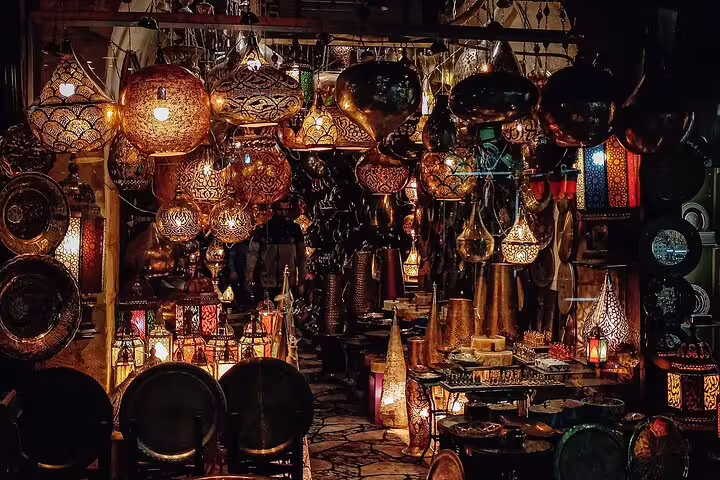 Khan el-Khalili bazaar lantern shop in Cairo, a highlight on Marsa Alam to Cairo private flight tour