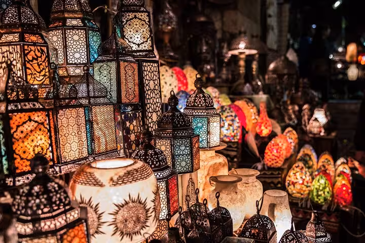Colorful mosaic lanterns at Khan El Khalili bazaar in Cairo, shopping stop on Giza Pyramids tour