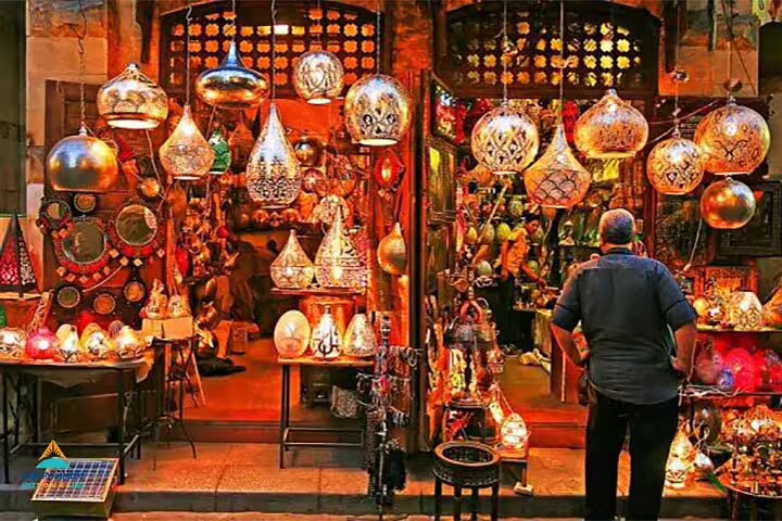 Khan El Khalili Bazaar lantern shop in Cairo, ideal stop on El-Moez Street night tour in Egypt