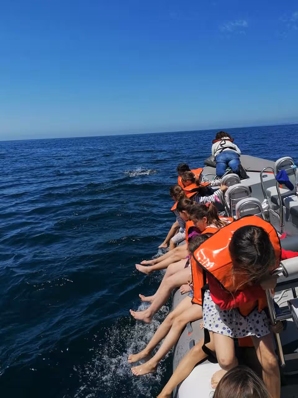 Children in life jackets dangling feet over a boat edge on a private dolphin watching tour in Lagos Algarve
