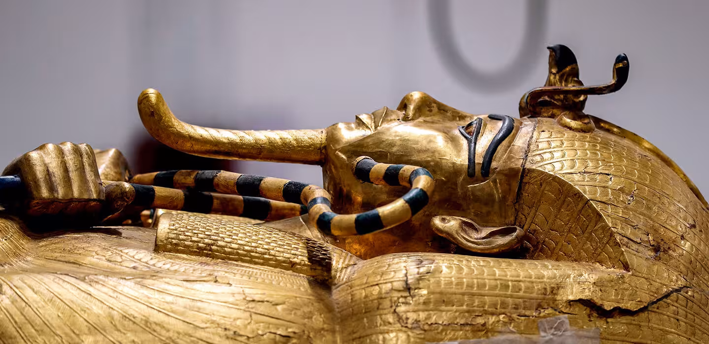 Golden sarcophagus of King Tutankhamun with crook and flail, Valley of the Kings