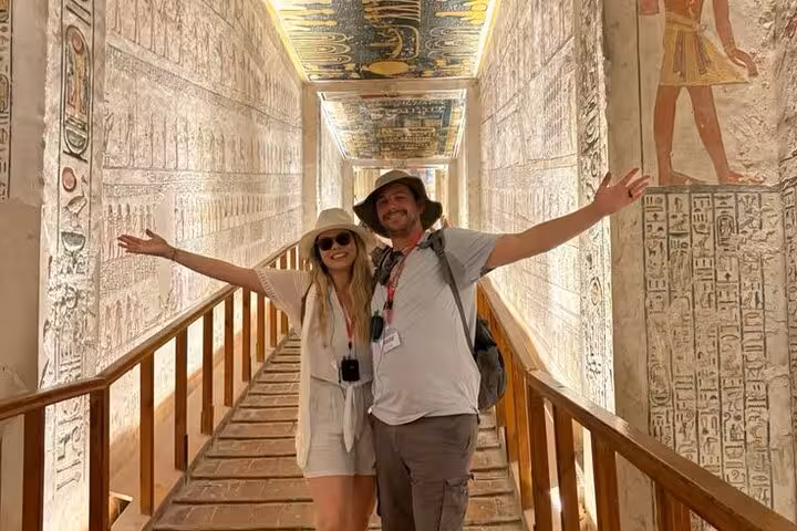 Tourists inside King Tutankhamun’s tomb corridor in Valley of the Kings on Comfort Luxor trip from Hurghada