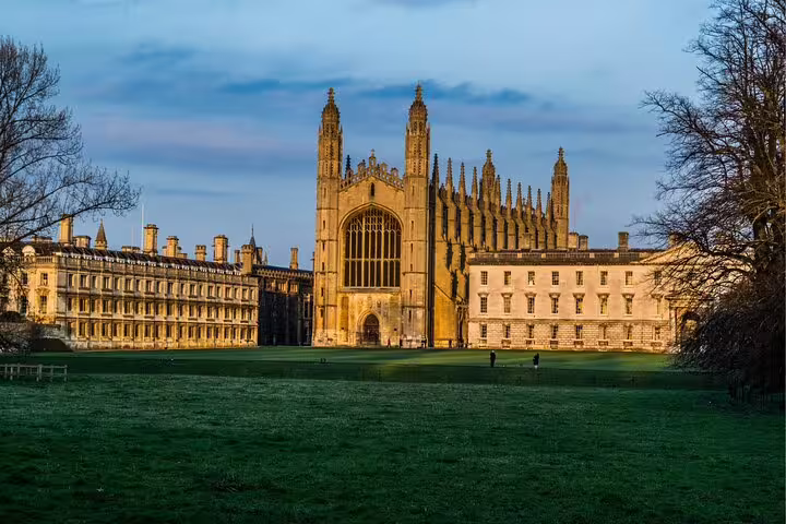 King’s College Chapel viewed across the lawn, key stop on a Cambridge scavenger hunt self-guided tour