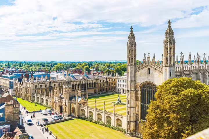 Aerial view of King's College Chapel and courtyard in Cambridge, England on a sunny day