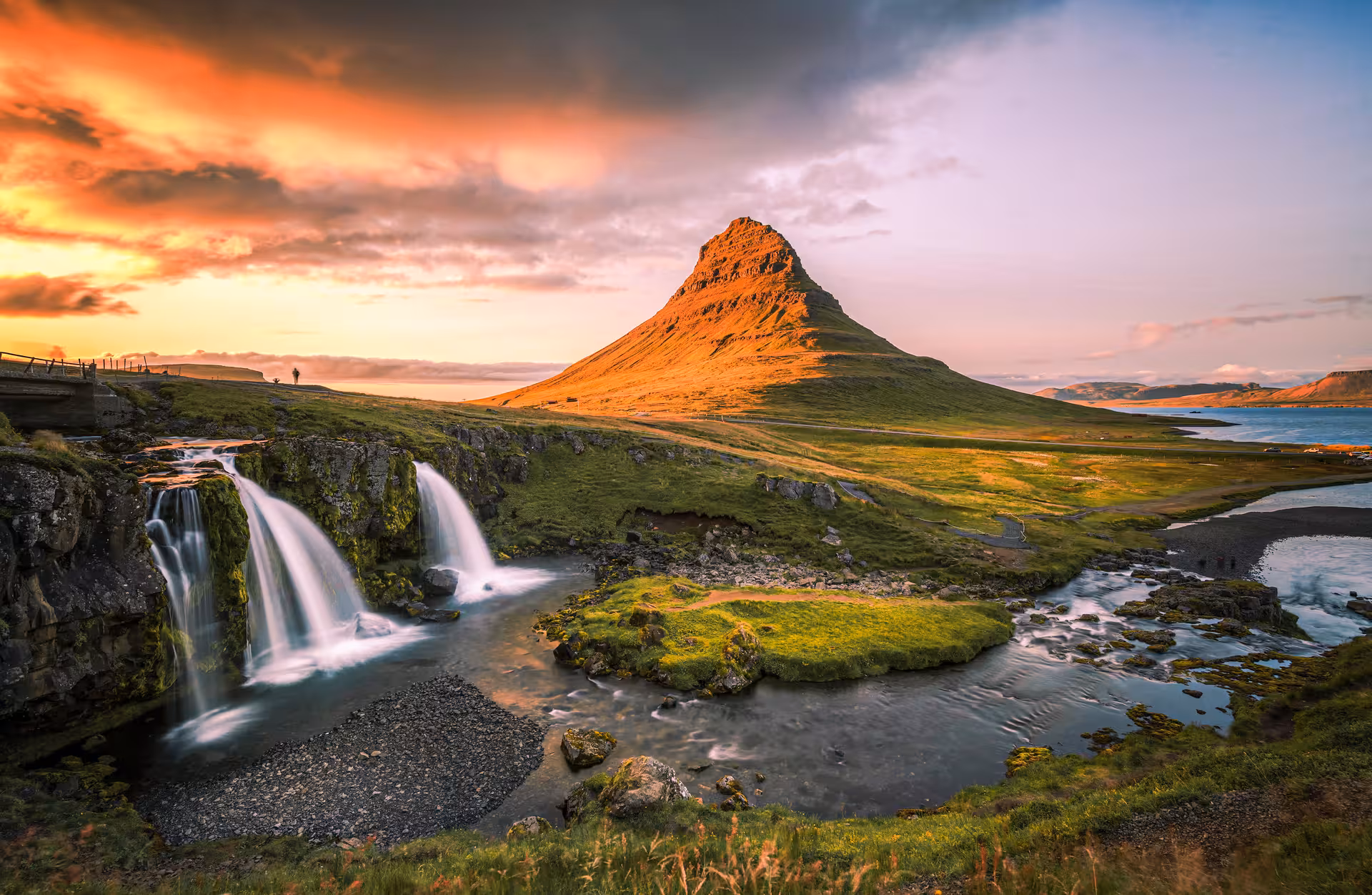 Kirkjufell mountain with Kirkjufellsfoss waterfall at sunset on Snaefellsnes Peninsula, Iceland