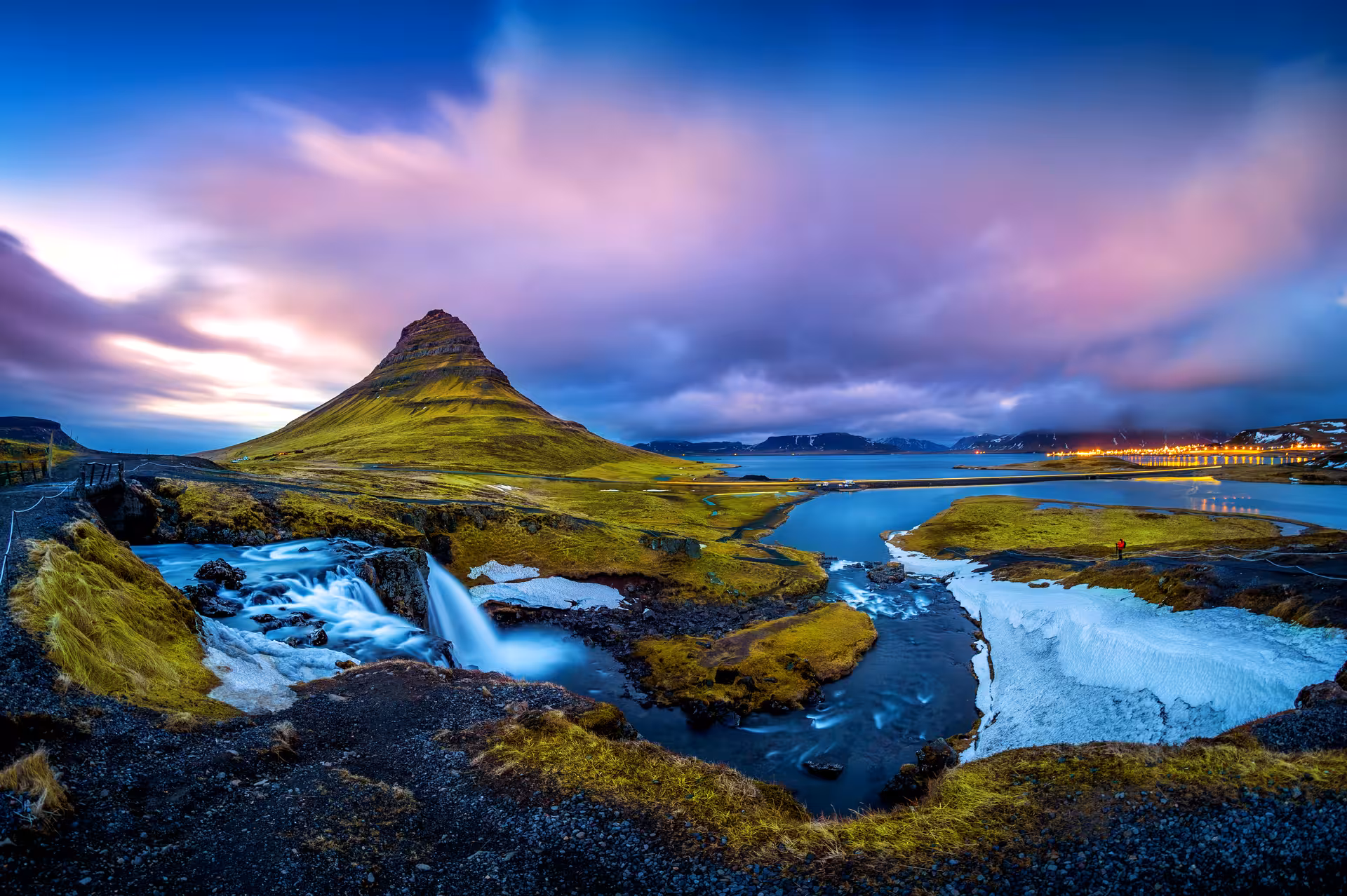 Kirkjufell mountain with waterfall and river at twilight on Snaefellsnes Peninsula, Iceland