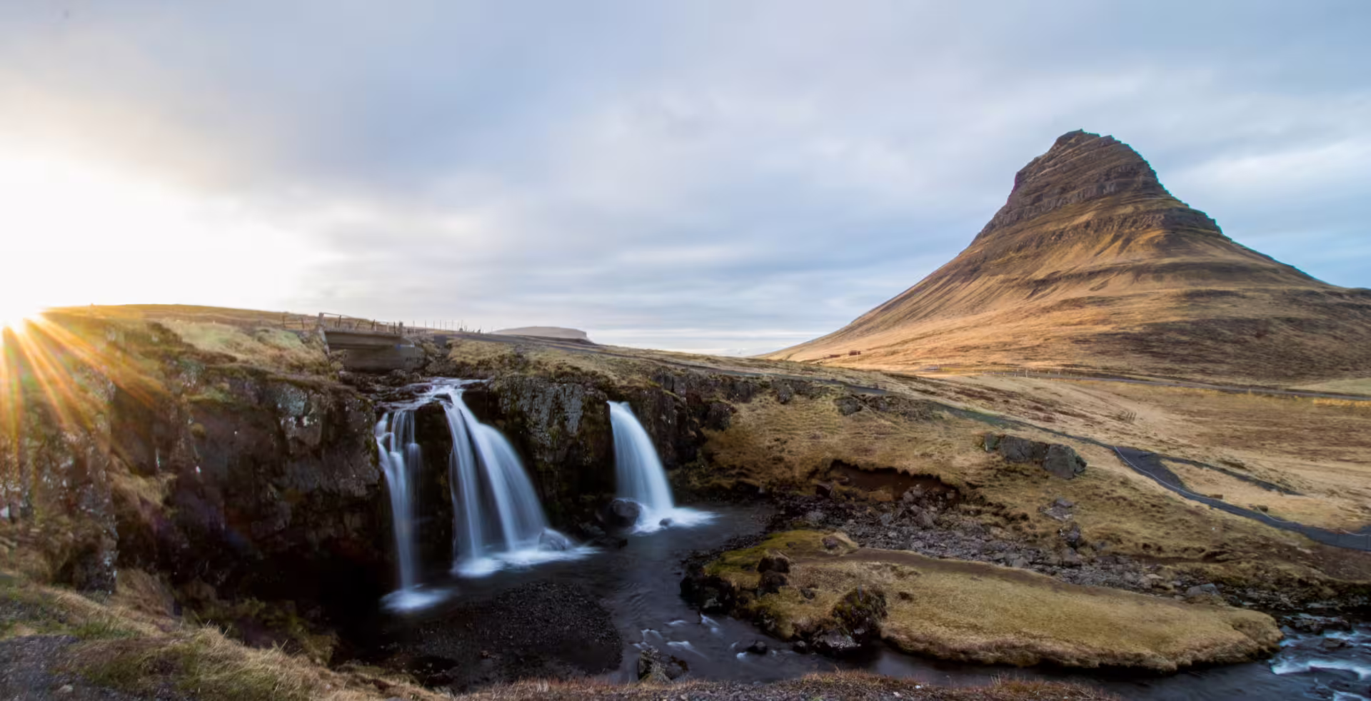 Kirkjufellsfoss waterfall with Kirkjufell mountain at sunset on the Snaefellsnes Peninsula, Iceland