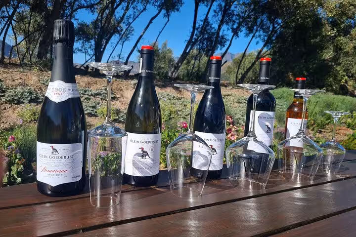 Selection of Klein Goederust wine bottles and glasses displayed outdoors, part of Cape Town to Franschhoek wine tour.