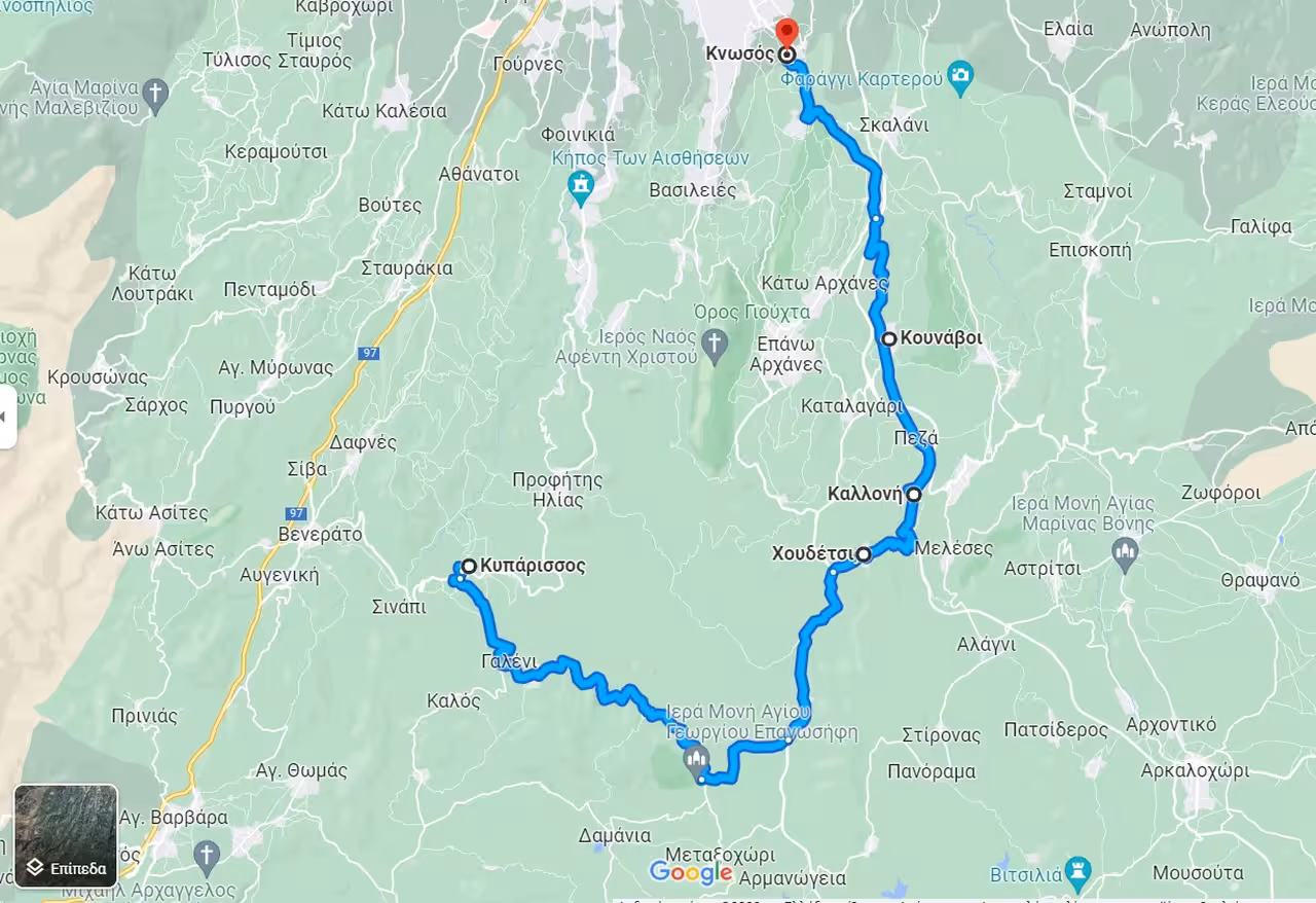 Map of Knossos to Kyparissos scenic drive in Crete, ideal for all-inclusive 2-day tour with 1-night stay