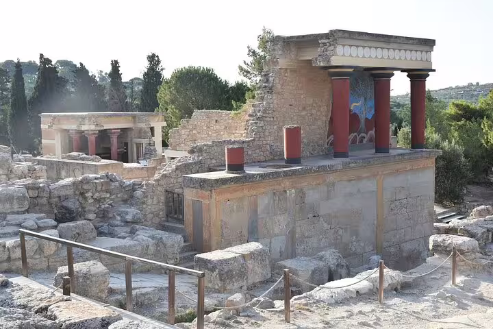 Explore the ancient ruins of Knossos Palace with vibrant frescoes on a private tour including Heraklion's Archaeological Museum.