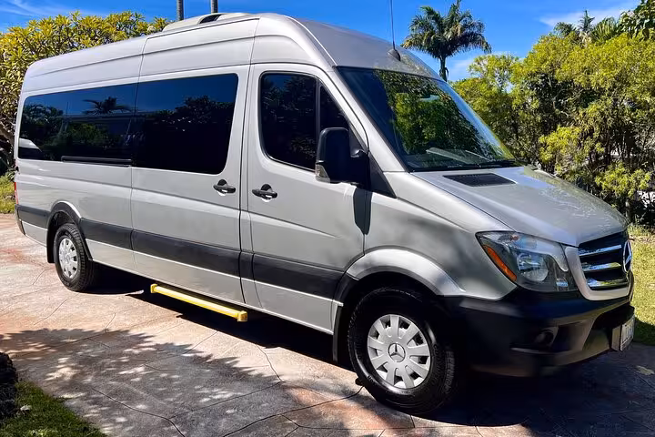 Spacious grey van ready for private KOA airport transfers, surrounded by lush tropical greenery and clear blue skies.