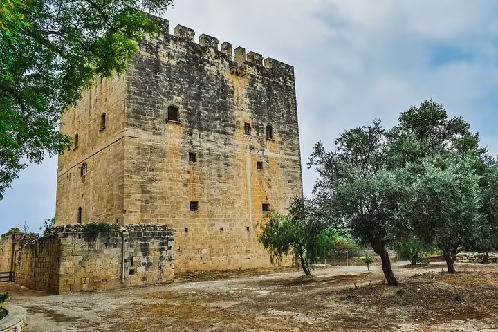 Medieval Kolossi Castle stone tower near Limassol, historic stop on a Southern Cyprus sightseeing tour from Larnaca