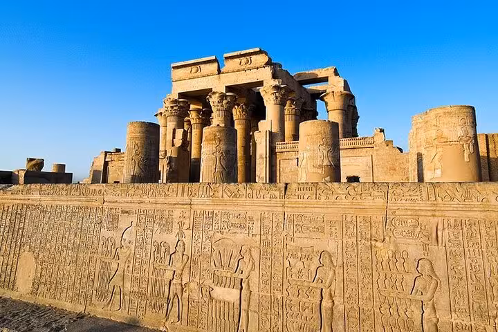 Kom Ombo Temple carvings and columns in Aswan, part of overnight Abu Simbel tour from Luxor with sightseeing