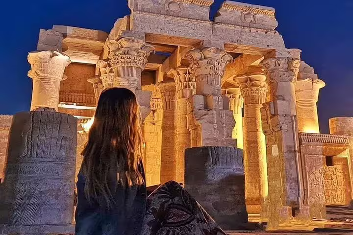 Night view of Kom Ombo Temple columns, highlight of Overnight Luxor from Aswan tour with Kom Ombo and Edfu