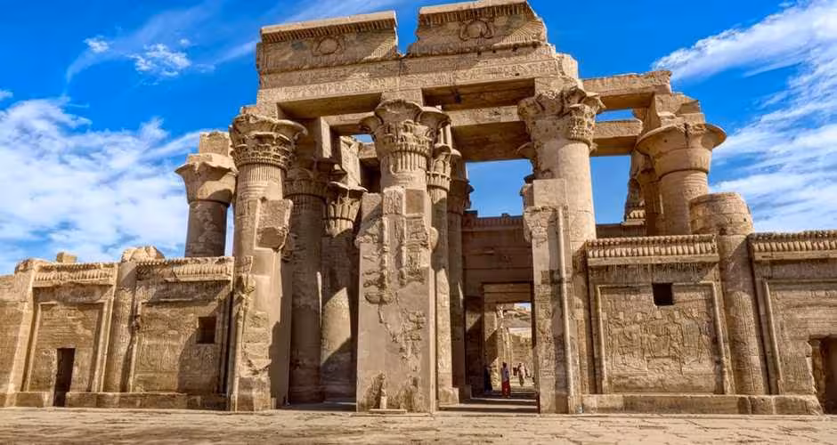 Kom Ombo Temple entrance with carved columns, must-see site on 3-day private Luxor Aswan Edfu tour