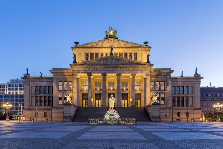 Konzerthaus Berlin illuminated at dusk on Gendarmenmarkt square, Berlin panoramic tour landmark