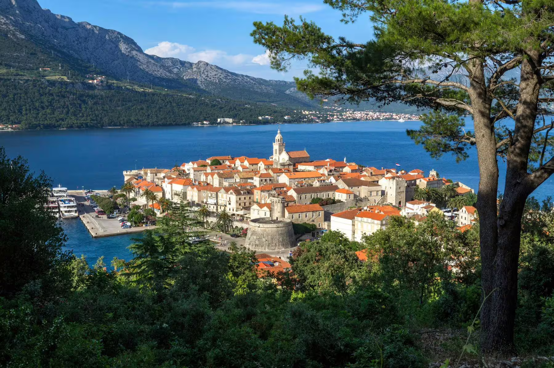Panoramic view of Korcula Old Town and Adriatic coast on Peljesac & Korcula day tour from Dubrovnik