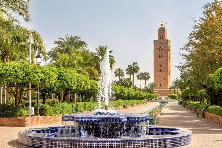 Koutoubia Mosque gardens with fountain in Marrakech, must-see stop on Morocco 9 days tour from Marrakech