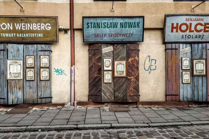 Historic Jewish Quarter storefronts with Polish signs in Kazimierz, Krakow