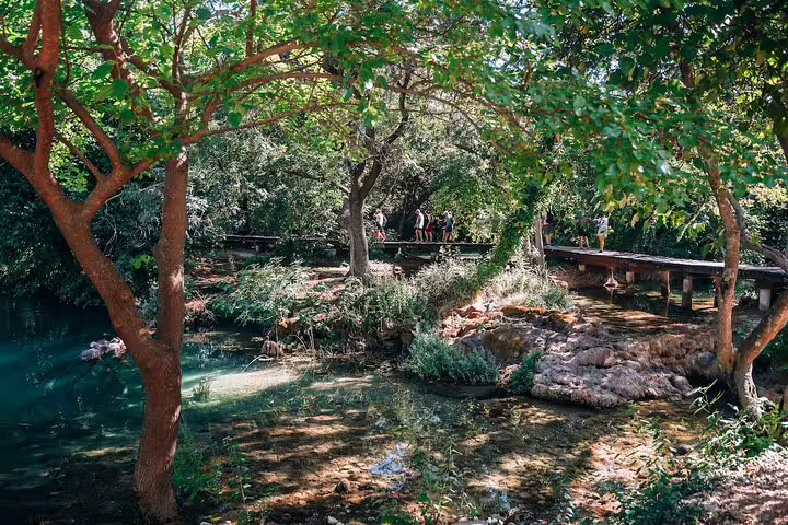 Shaded wooden boardwalk over clear stream in Krka National Park on a private Krka Waterfalls day trip