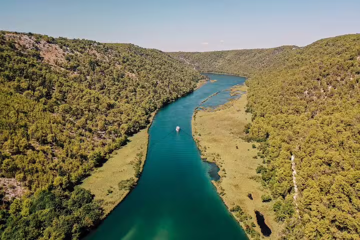 Aerial view of the Krka River canyon in Krka National Park, a highlight of a private Krka Waterfalls day trip