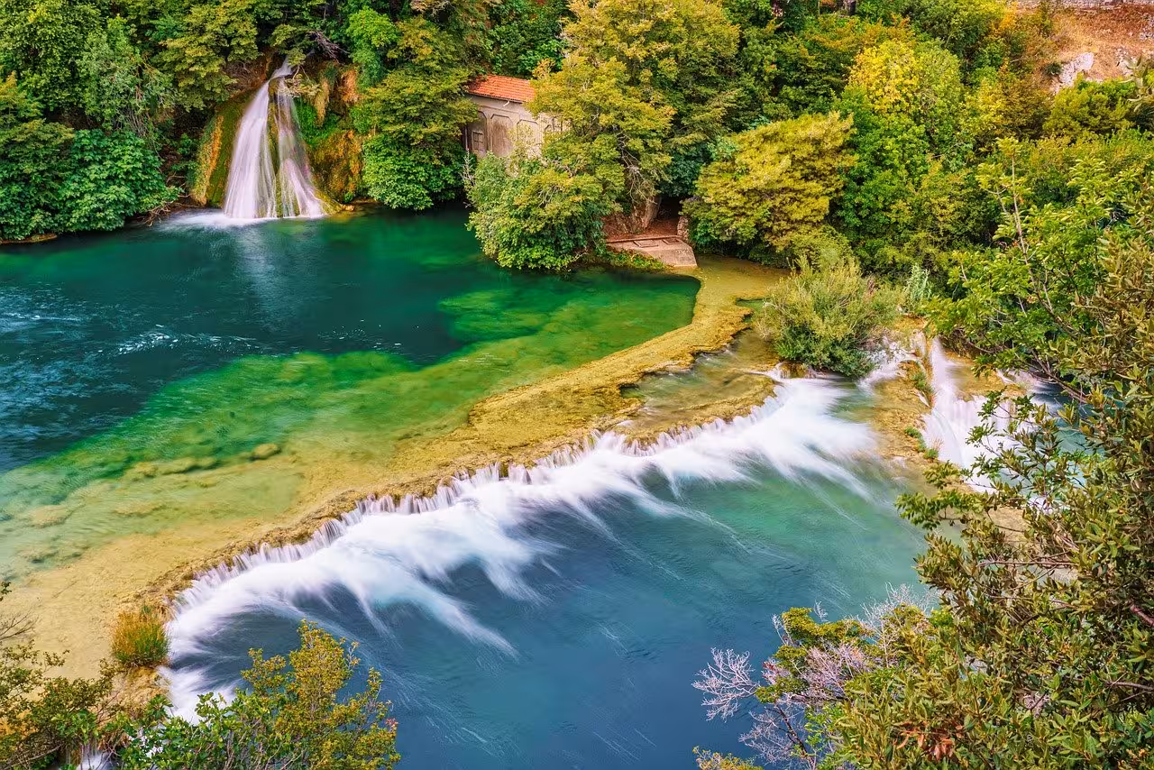 Krka National Park waterfall and emerald pools near Skradin on a day trip from Zadar, Croatia