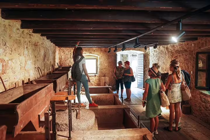 Visitors exploring a historic water mill at Krka National Park on a private Krka Waterfalls tour with guide