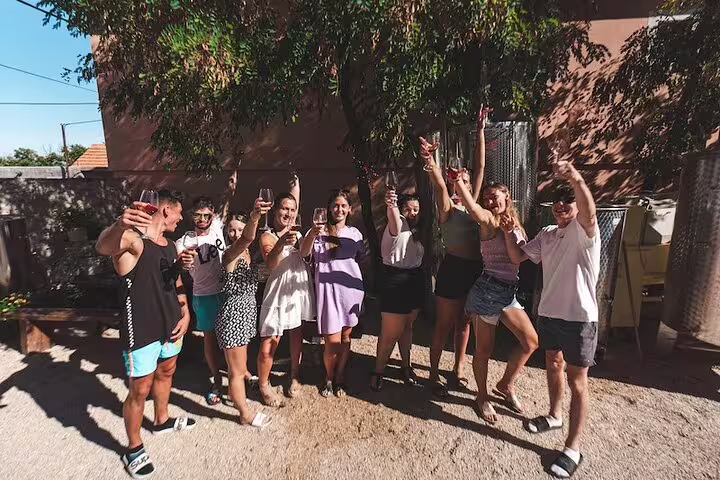Tour group toasting local wine on Krka Waterfalls food and wine tasting day trip from Split