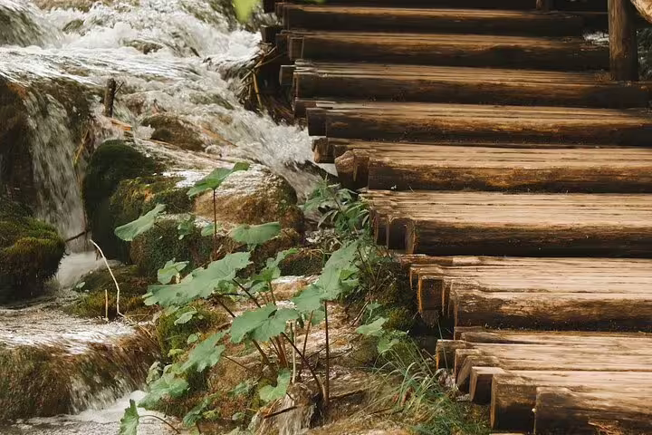 Rustic wooden steps beside flowing stream on Plitvice Lakes guided group hike from Split day tour