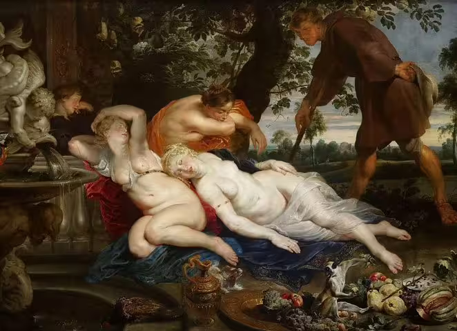 Baroque painting of mythological figures in a lush garden at Kunsthistorisches Museum's beauty-focused tour.