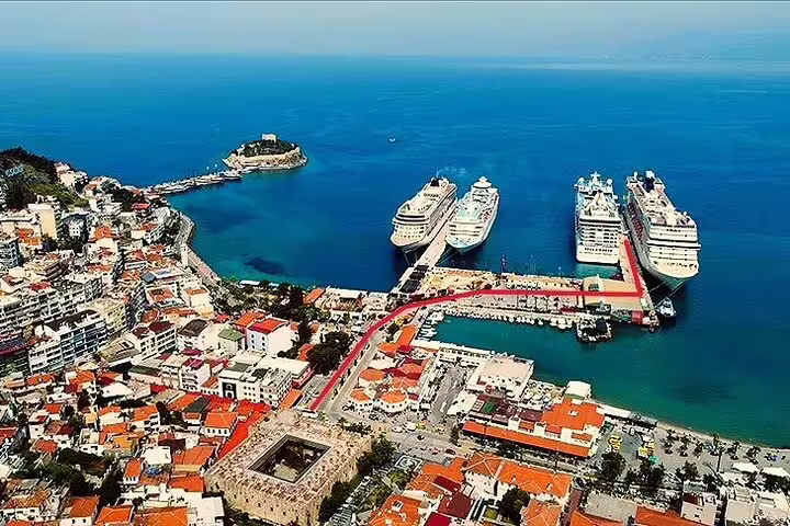 Aerial view of Kusadasi Port with cruise ships docked, a starting point for Jeep Safari adventures.