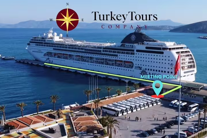 Kusadasi cruise port meeting point for private Ephesus and shopping tour, cruise ship dock with tour buses