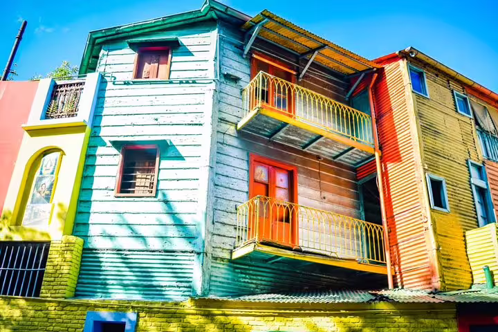 Colorful corrugated metal buildings with balconies in La Boca neighborhood, Buenos Aires