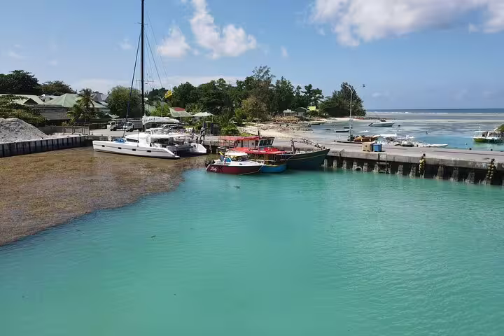 Charming harbor in La Digue with moored boats and clear turquoise waters, a highlight of a full-day private tour.