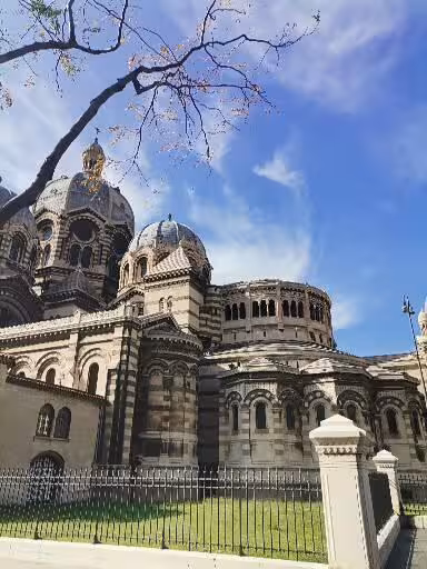 La Major Cathedral exterior in Marseille old town, scenic view on street art, craft and wine walking tour