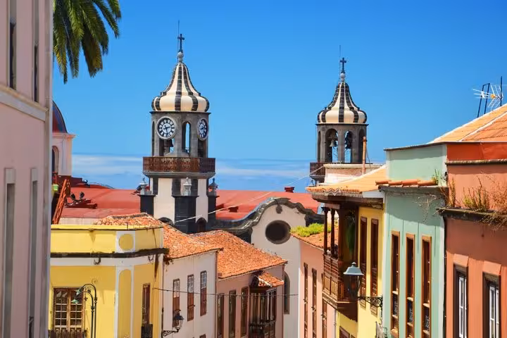 Colorful colonial buildings and striped church towers of La Orotava historic town center, Tenerife