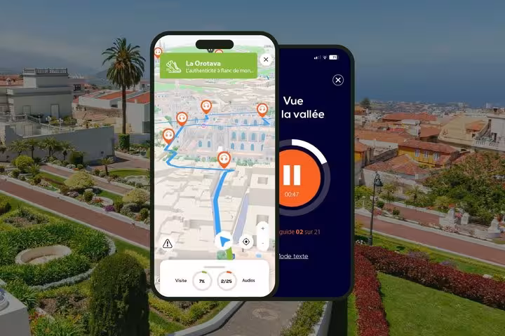 Smartphone app showing self-guided walking tour map and audio guide for La Orotava, Tenerife