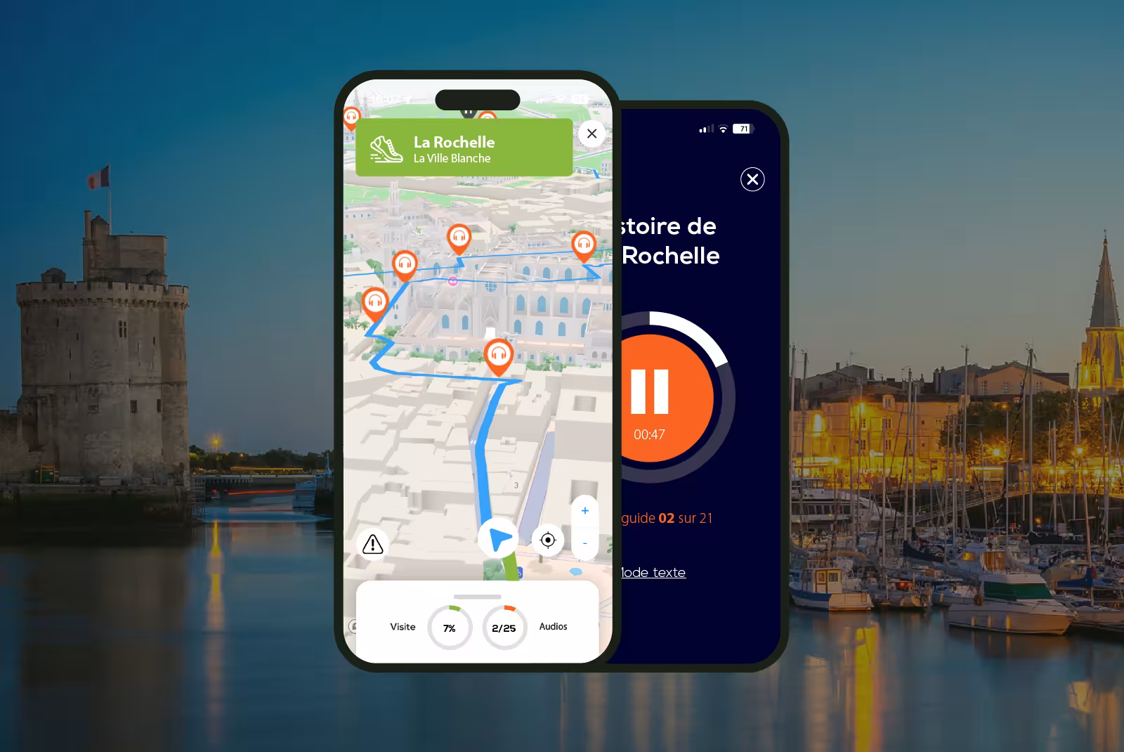 La Rochelle audioguide mobile application interface on smartphone with the harbor towers in the background.