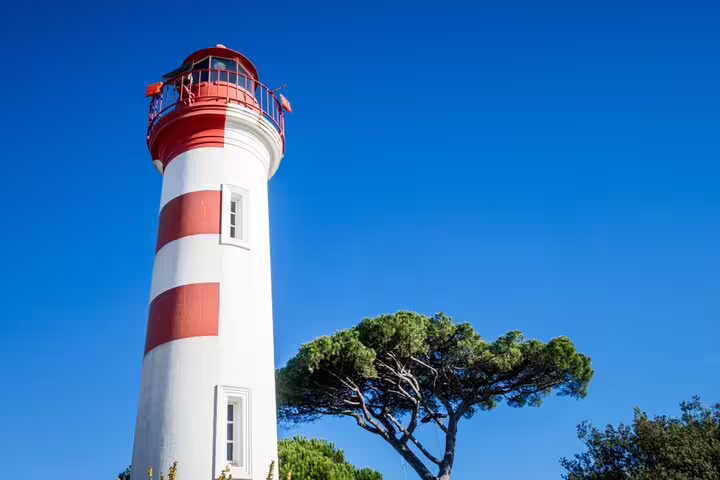 Red and white striped lighthouse with pine trees against a clear blue sky in La Rochelle