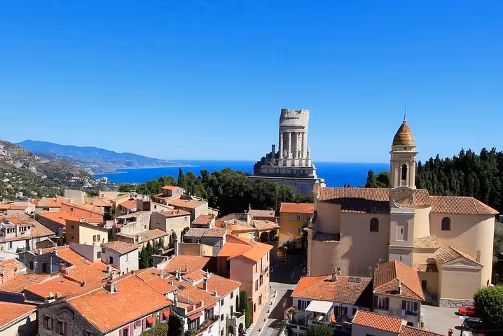 Aerial view of La Turbie village with Trophy of Augustus and Mediterranean Sea on French Riviera