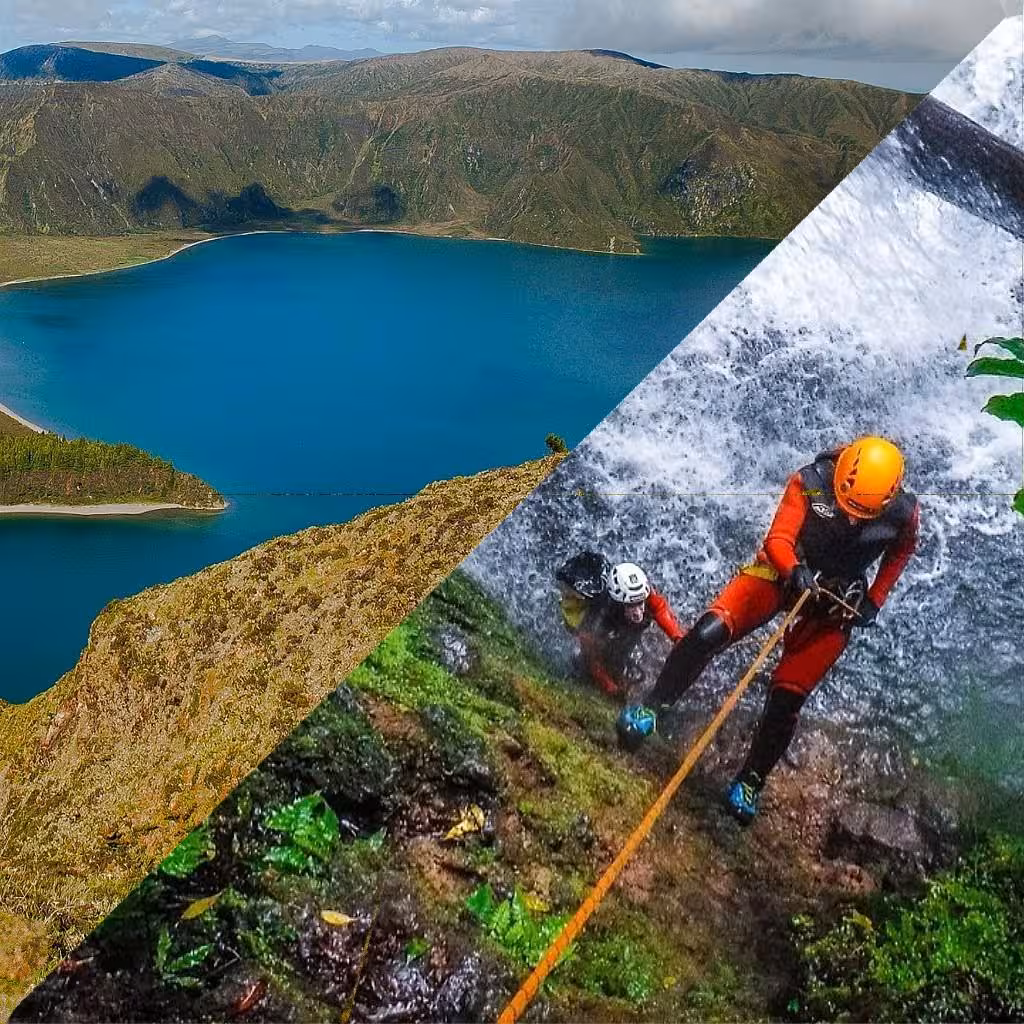 Aerial view of Lagoa do Fogo crater lake and adventurers canyoning down Ribeira dos Caldeirões waterfall on full-day Jeep tour
