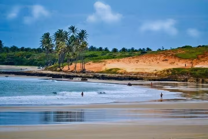 Lagoinha Beach Tour view of palm-lined shore, gentle waves and red sand dunes on Ceará coast, Brazil