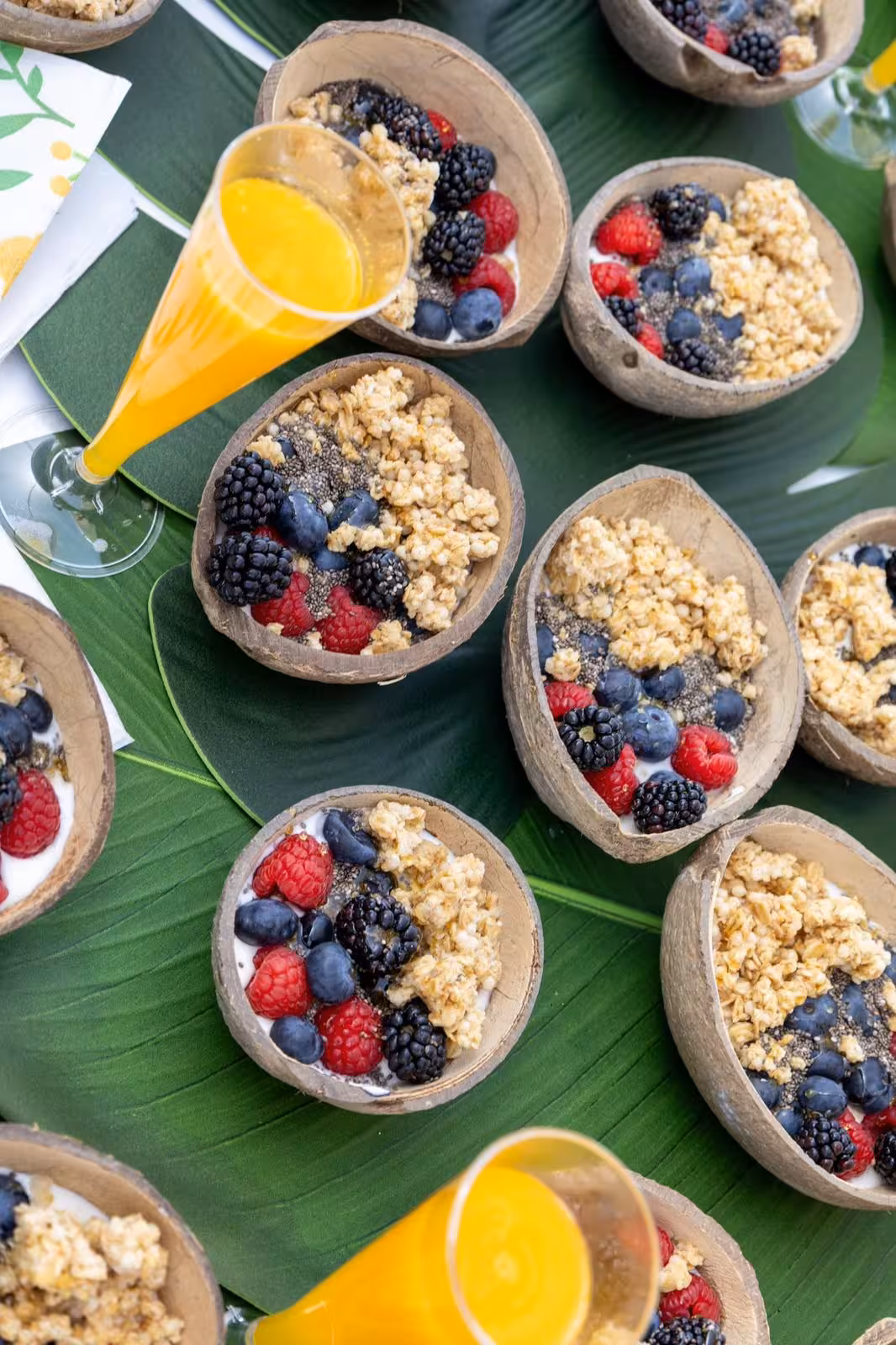Fresh coconut shell bowls filled with granola, mixed berries, and orange juice served on Lagos coastal brunch cruise